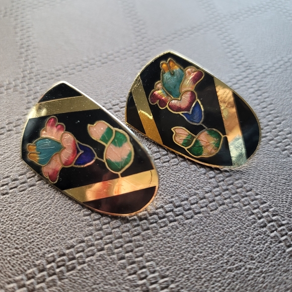 Big Vintage Cloisonne Enamel Orchid Flower Earrings. Gold tone. Rare find - Picture 4 of 6